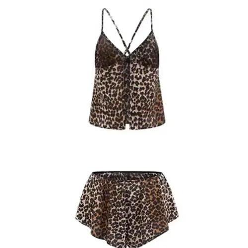 Mode léopard longue Robe pyjamas 3 pièces ensemble printemps été femmes vêtements de nuit Lingerie P