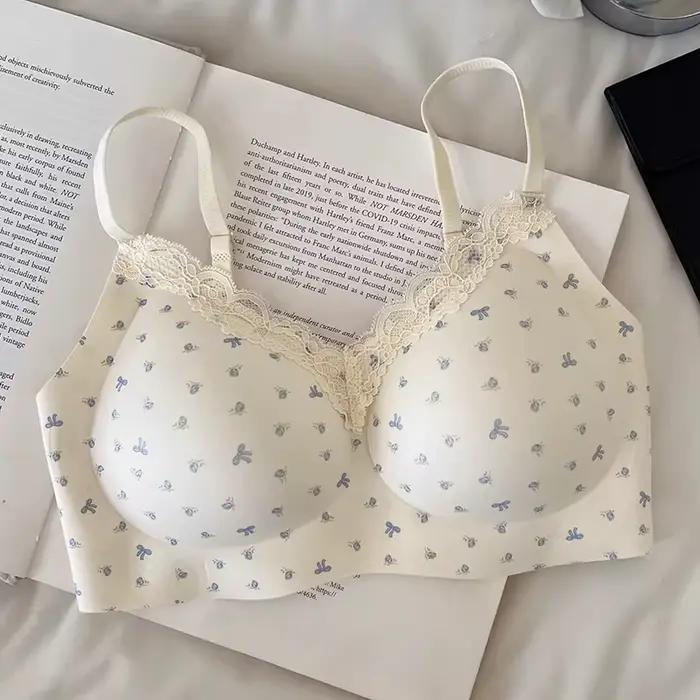 Soutien-gorge pour femme : Dentelle élégante à imprimé floral, style ado et étudiante, petite poitri
