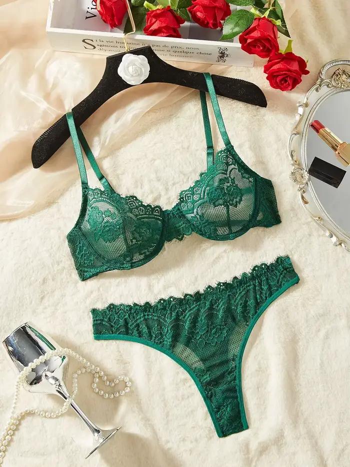 Ensemble de soutien-gorge en dentelle verte Ultra-mince pour femmes, Sexy, transparent, sans fil, fr