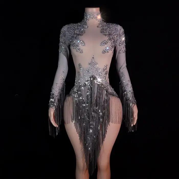Nouveau body à sequins gris pour femme, avec franges et strass, sexy, pour spectacle, chanteuse, dan
