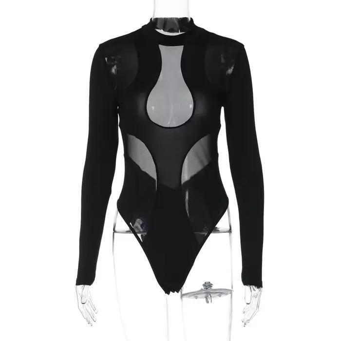 Body noir ajouré en maille Patchwork, combinaison moulante à manches longues pour femmes, mode Club,