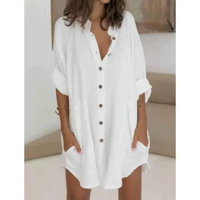 Robe de nuit en coton et lin pour femmes, robe à simple boutonnage, robe de maison mince pour dames,
