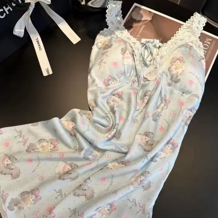 Nouvelle Arrivée Été : Robe de Nuit Courte en Soie Glacée pour Femme, Style Doux et Mignon, Imprimé 