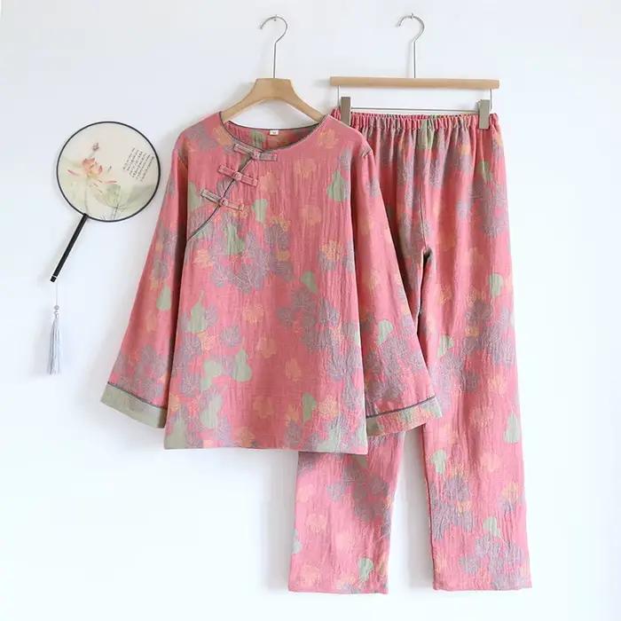 Ensembles de pyjamas en coton de style chinois pour femmes 2026, jacquard vintage teint en fil, gran
