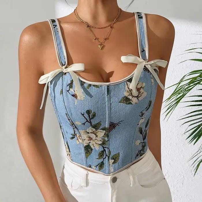 Soutien-gorge à bretelles Sexy, hauts de Style français, impression florale, gilet rétro, Double san