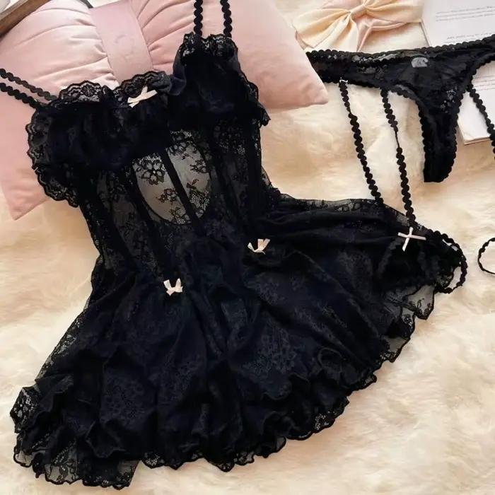 Noir mode Sexy Lingerie voir à travers dentelle jarretelle robe de nuit rose doux chemises de nuit a