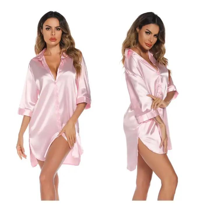 Vêtements de nuit en satin de soie couleur unie, style décontracté, en soie glacée, à manches courte