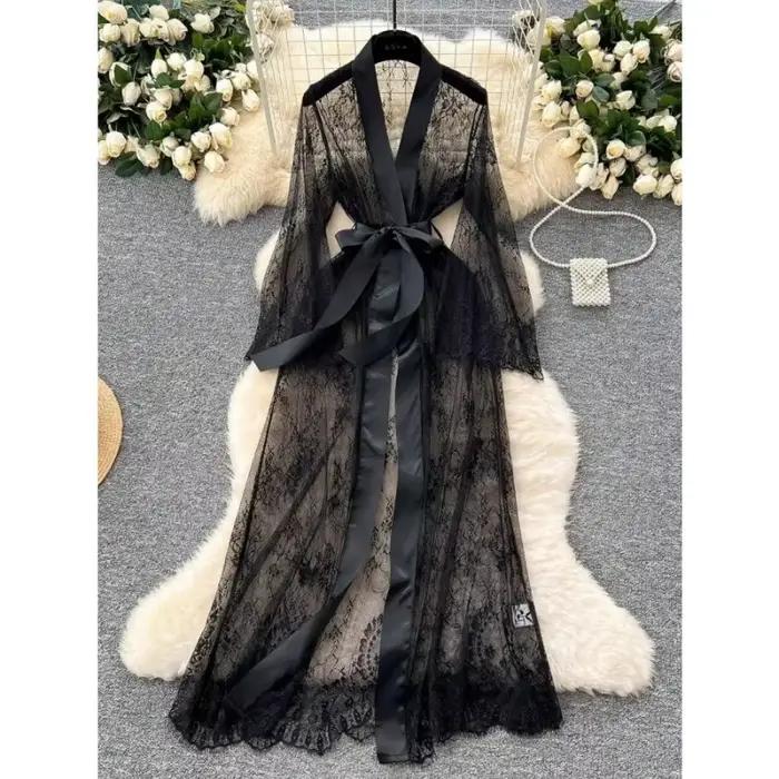 Pyjama sexy en dentelle pour femme, robe de nuit en résille, ensemble transparent à manches longues 