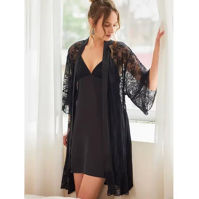 New Spring Summer Nighty For Wife Suspender Lace Nightdress Sexy Sleepwear Bathrobe Sets Two Piece L