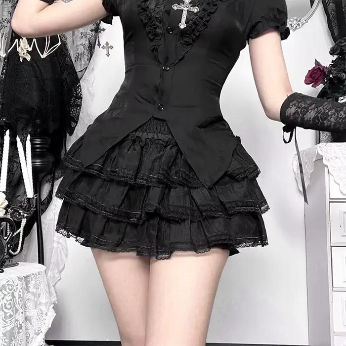 [You're My Secret] Mini-jupe gothique noire sexy plissée multicouche en dentelle, style Lolita, tenu