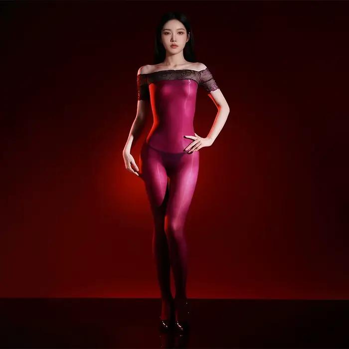 Combinaison ultra-fine en dentelle sexy, une pièce, couvrante, transparente, en soie noire brillante