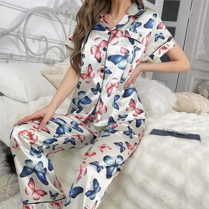 Pyjama imprimé chat mignon pour femmes, manches longues, col à revers, hauts et pantalons, vêtements