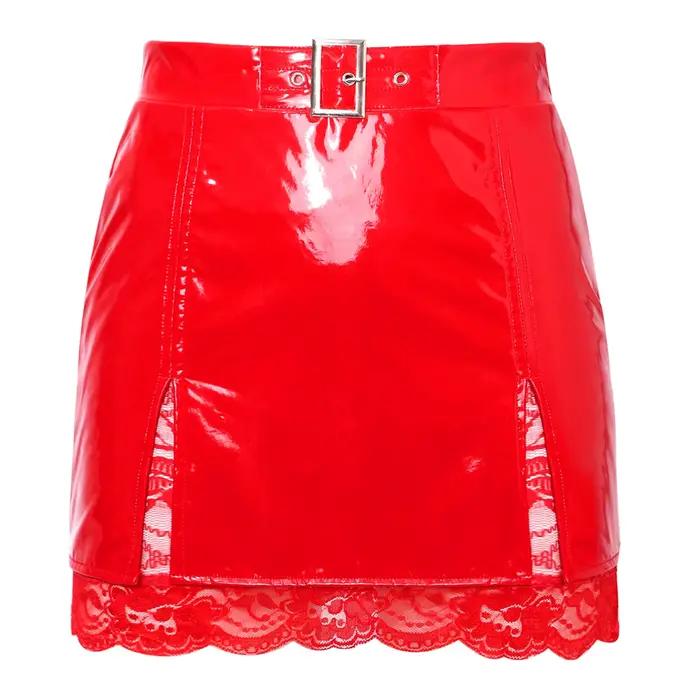 Mini-jupe moulante en latex pour femme, en similicuir PU brillant, avec fente, effet mouillé, style 