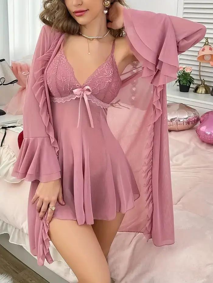 Femmes Sexy Robe ensemble de Lingerie dentelle col en v Cami Robe avec maille transparente Robe de n