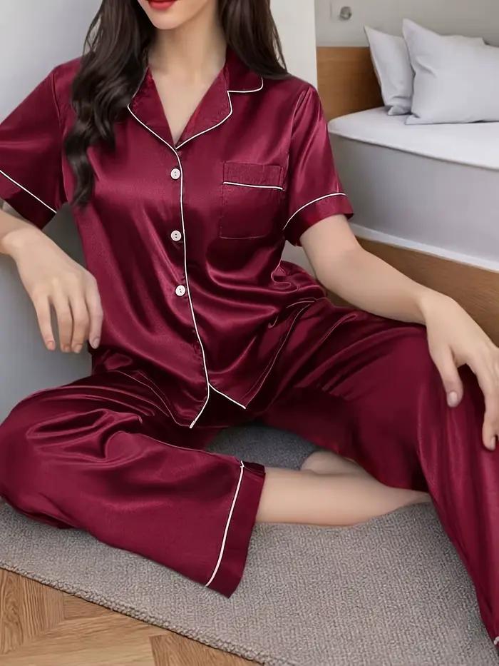 Ensemble de pyjama en satin de soie pour femmes, haut à manches courtes et pantalon long, confortabl