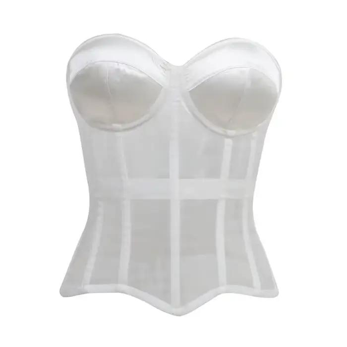 Haut corset sans bretelles en maille transparente pour femme, décolleté cœur, dos lacé, avec baleine