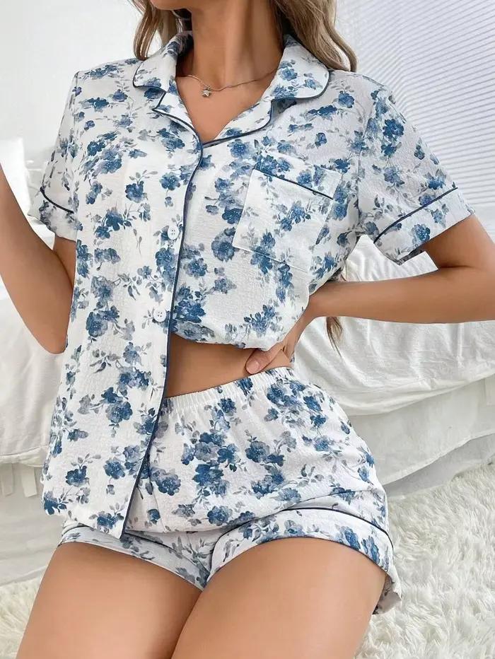 Pyjama pour femmes, ensemble 2 pièces, pyjama d'été, ensemble de pyjamas mignons, chemise à boutons 