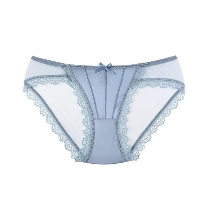 Culotte transparente en dentelle à taille basse avec nœud pour femme, lingerie en coton sans couture
