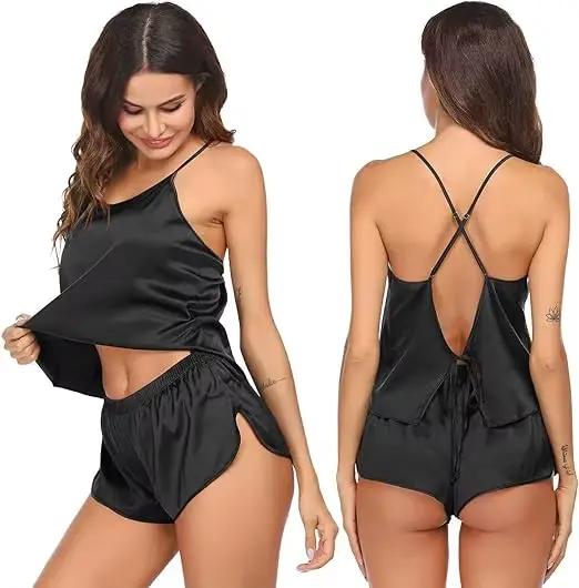 Ensemble pyjama en satin pour femmes, lingerie dos nu, haut et short, vêtements de nuit sexy