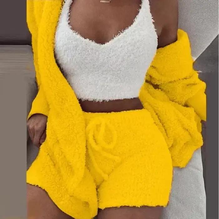 Nouvel ensemble de pyjama en velours pour femme 2026 – Haut court sexy + short + veste – 3 pièces – 