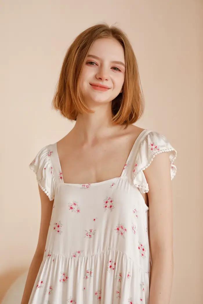 Chemise de nuit suspendue en satin pour femme, jolie robe de nuit imprimée douce, confortable, chemi
