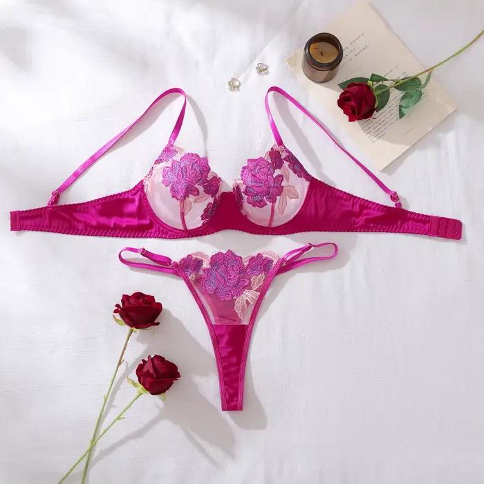 Rose rouge fleur broderie lingerie sexy voir à travers le soutien-gorge ultra-mince tasse rassemblem