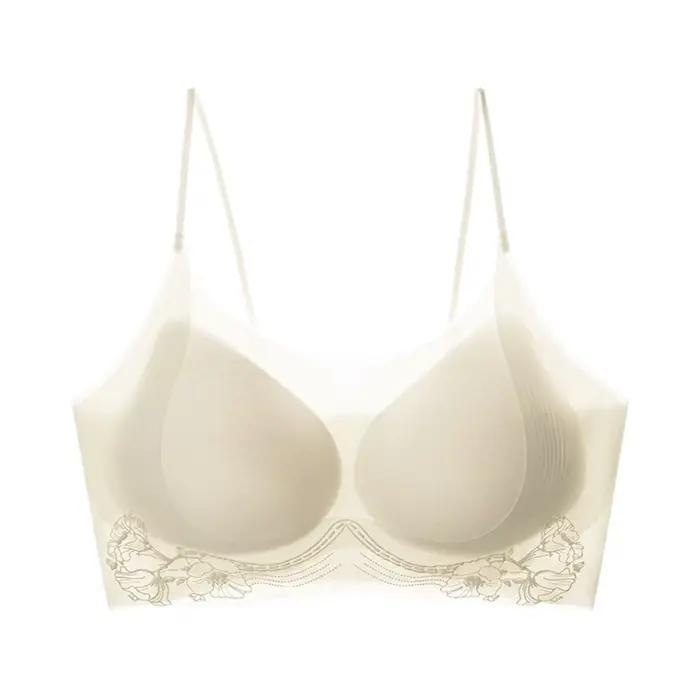Soutien-gorge sans fil en soie glacée à motif camélia, décolleté en V profond, ajusté, fin, sans cou
