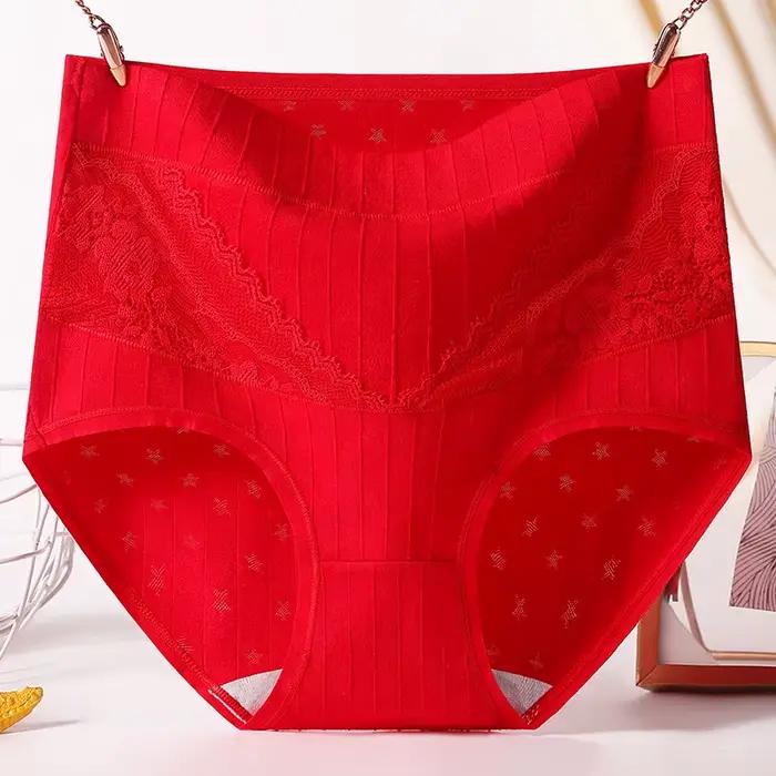 Sous-vêtements confortables taille haute pour femmes, culottes rouges en coton, slips classiques pou