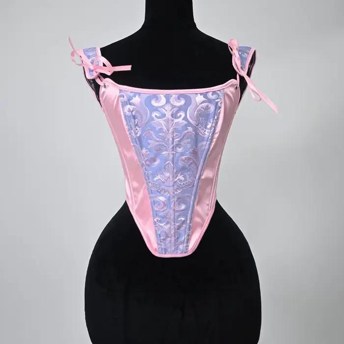 Nouveau Corset Jacquard Rose et Bleu 2026, Bretelles en Satin Rose à Nœuds, Sculpteur de Taille à Ba