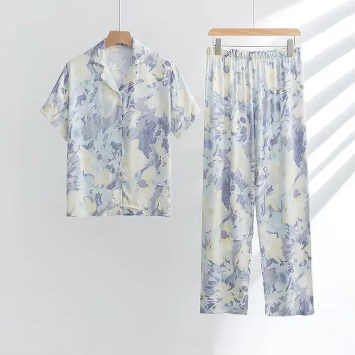 Femmes deux pièces printemps été pyjamas costumes fleur imprimé à manches longues Pijama matériel co