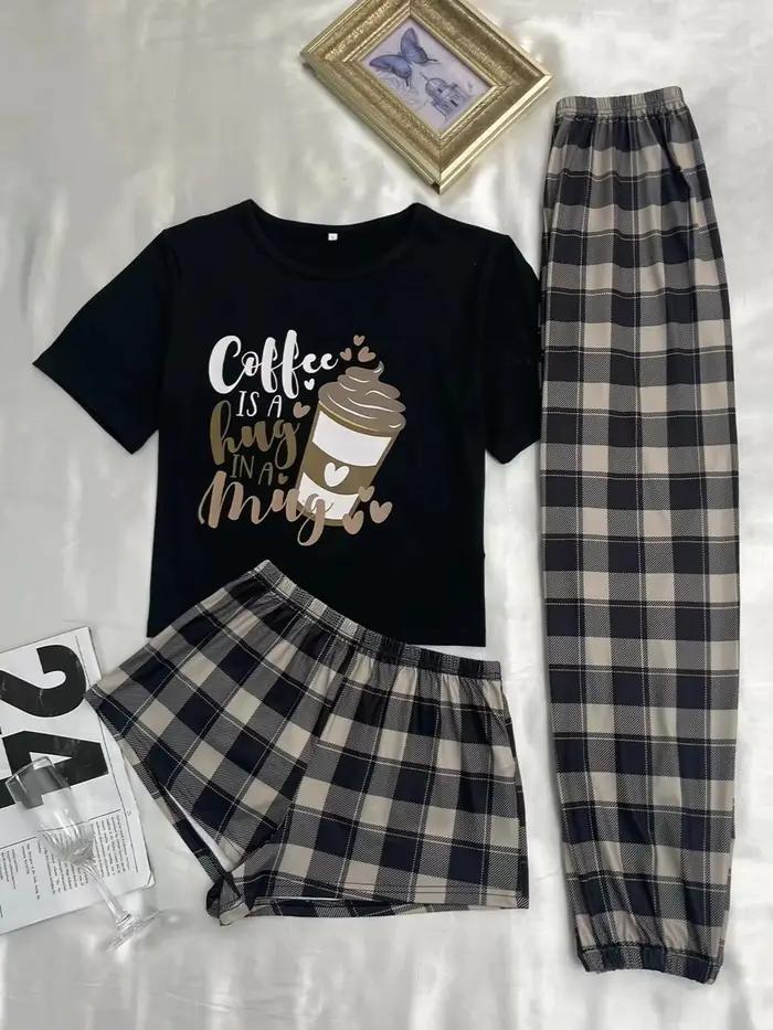 Pyjama trois pièces confortable pour femmes, nouveau style, short, pantalon long, manches courtes, v