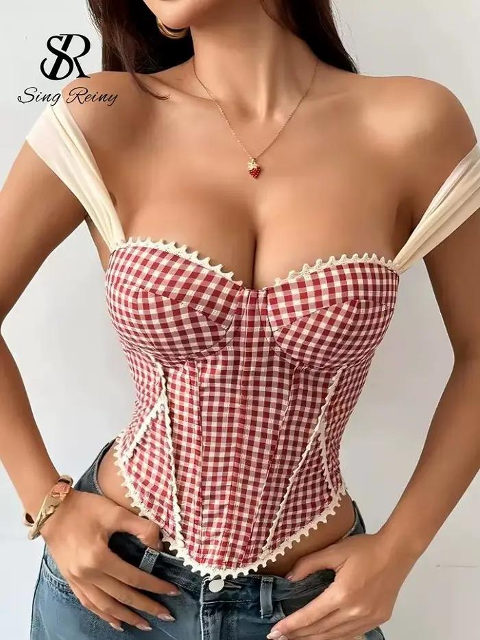 SINGREINY Gingham Plaid Vintage Lingerie Camisole Summer Sleeveless Lace Up Slim Crop Top Bohemian V