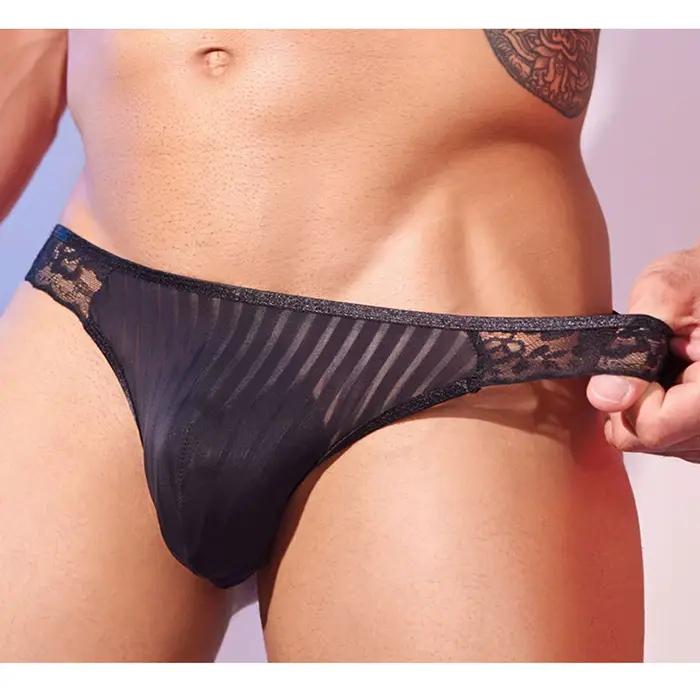 Culotte rayée en dentelle transparente pour hommes, slip Sexy, sous-vêtements fins et respirants, po