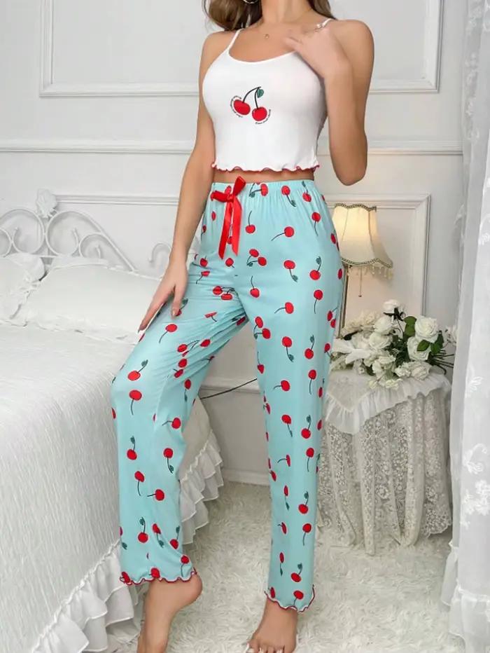 Y2K Coquette cerise imprimé pyjama ensemble femmes Cami haut court pantalon deux pièces vêtements de