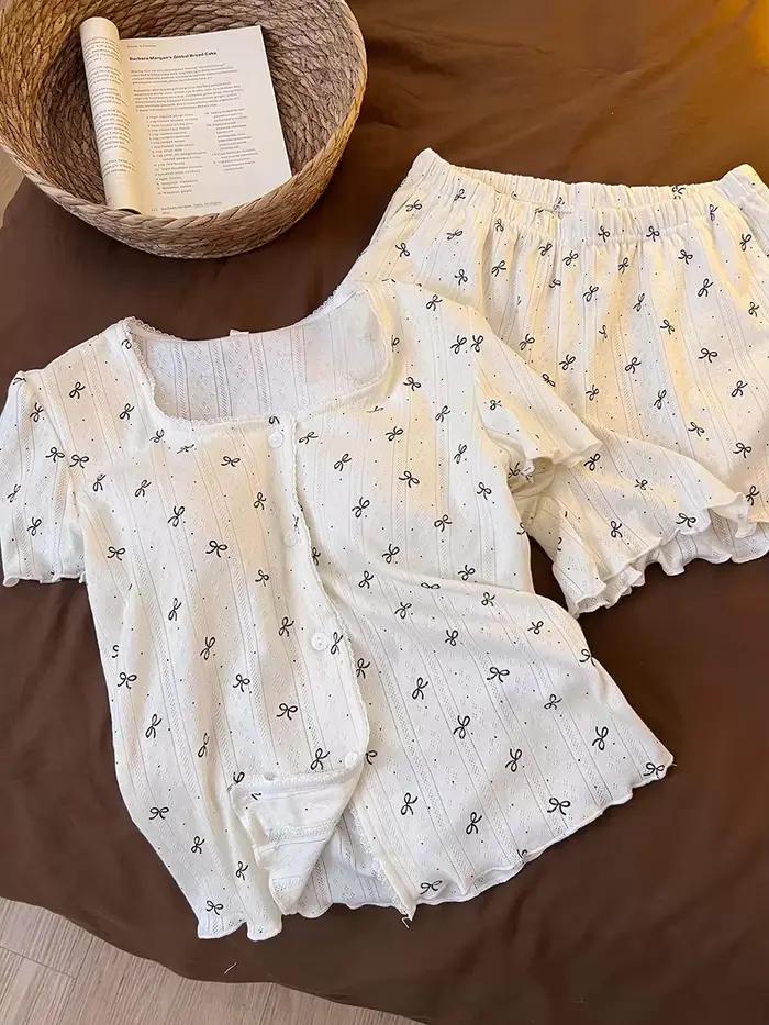 Pyjama Sweet Girl à manches courtes et short avec coussinets de poitrine et nœud, nouveau ensemble d