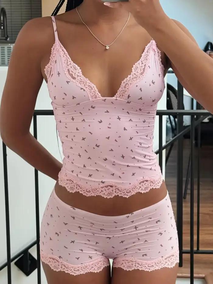 Ensemble de pyjama deux pièces pour femmes, rose, dentelle florale, patchwork, vêtements de nuit, ca