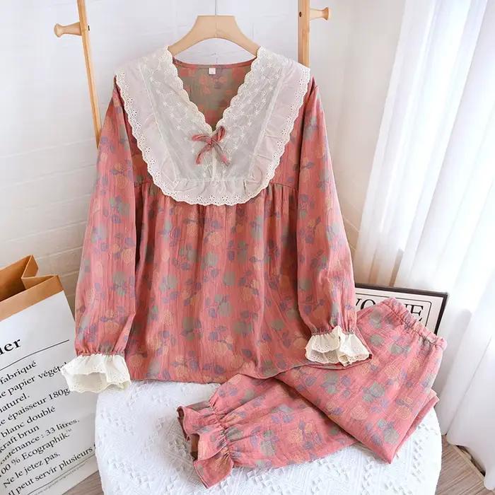 Ensemble pyjama en coton pour femme, vêtements de nuit, manches longues, motif Floral, costume de ma
