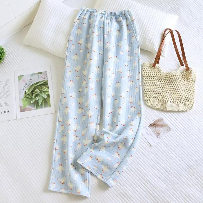 Pantalon de pyjama imprimé 100% coton pour femme, vêtement de maison chaud à trois couches, décontra