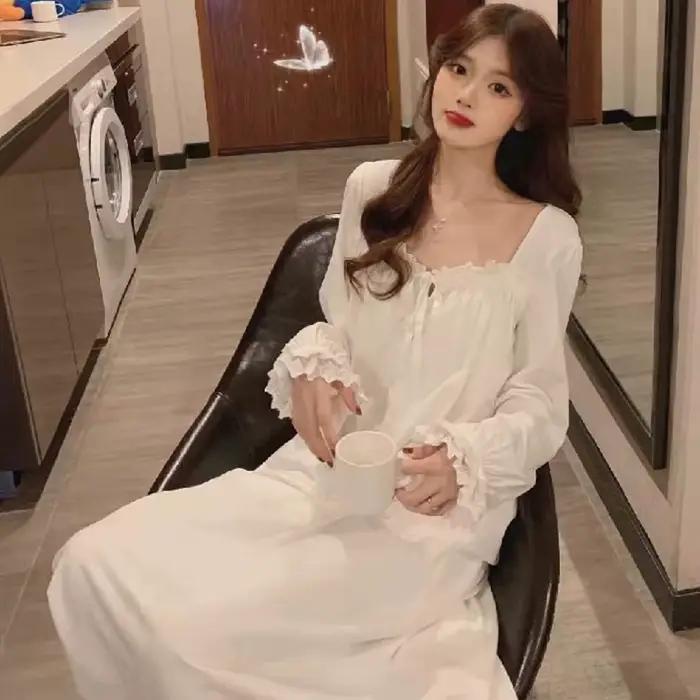 Chemise de nuit Style princesse à manches longues, pyjama en dentelle pour femmes, Version coréenne,