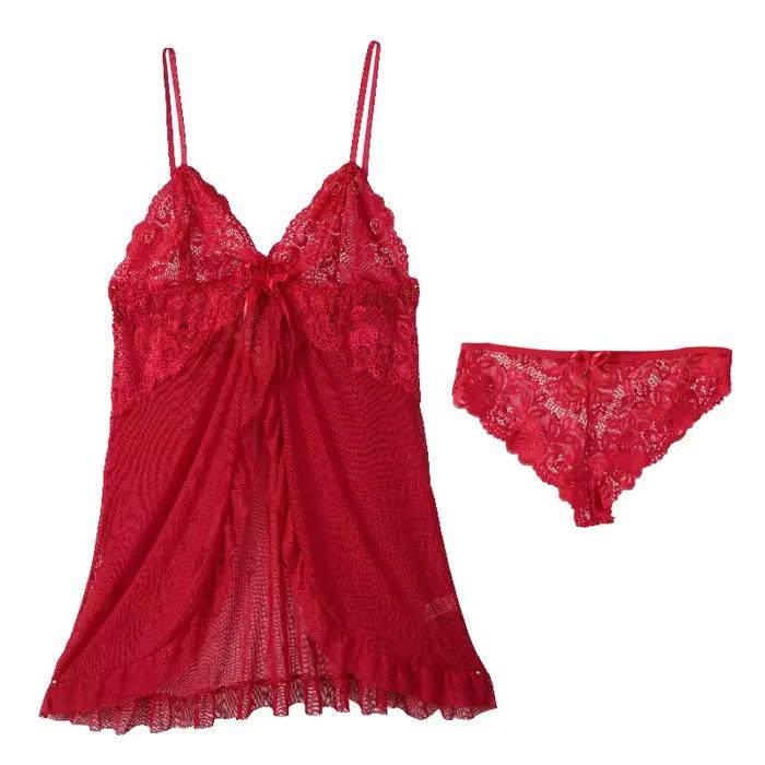 Ensemble de lingerie babydoll en dentelle pour femme, chemise de nuit en maille transparente avec st