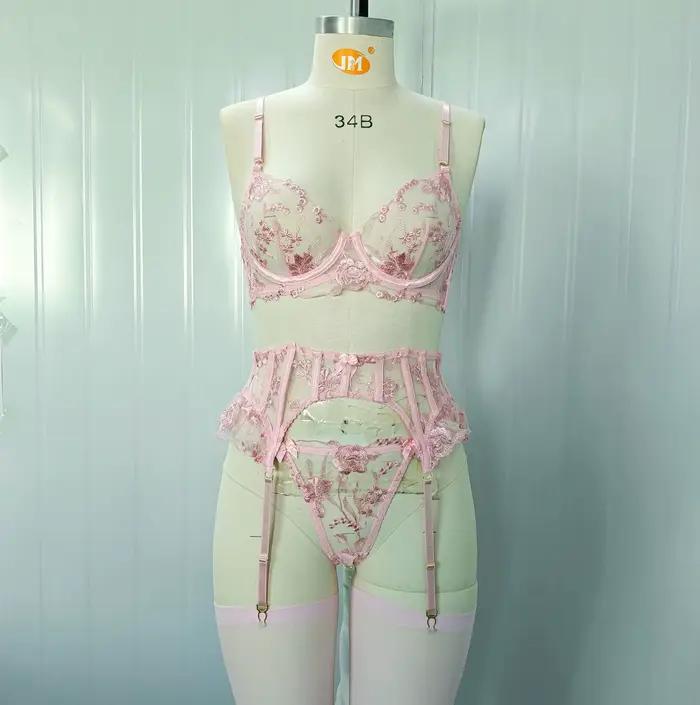 Ensemble de lingerie féminine en maille transparente, babydoll, porte-jarretelles en dentelle, nuise