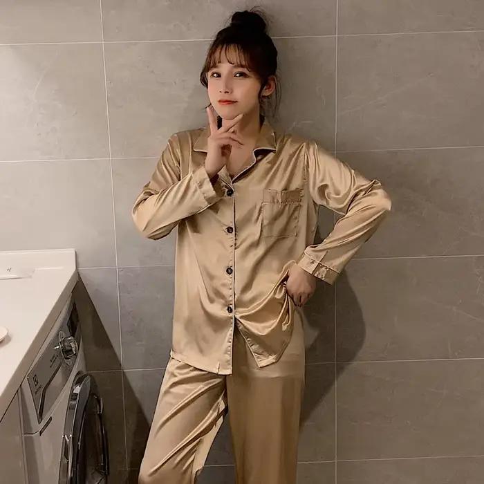 Vêtements de nuit Couple soie Satin couleur unie pyjama ensembles Long boutonné Pijama grande taille