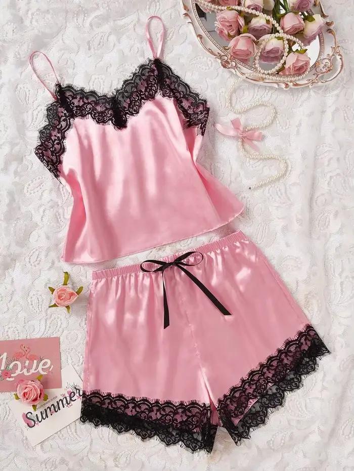 2 pièces pyjama costume femmes mode col en v Stretch Satin dentelle Sexy Lingerie nœud papillon pyja