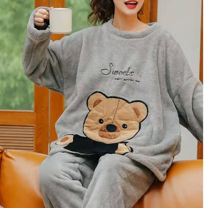 Épaissi chaud grande taille rembourré automne et hiver femmes pyjamas haut et pantalon ensemble cora