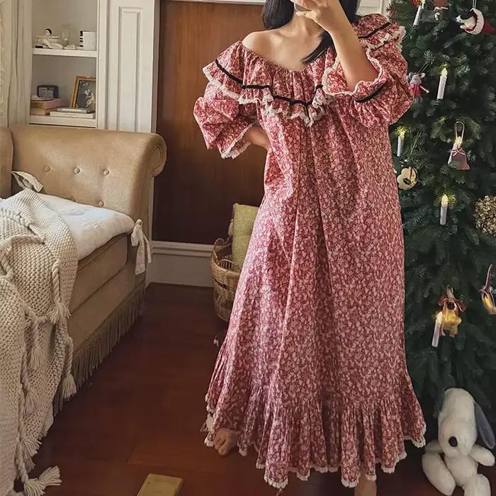 100% pur coton chemise de nuit femmes 2026 nouveauté printemps été français rétro doux fleur imprimé