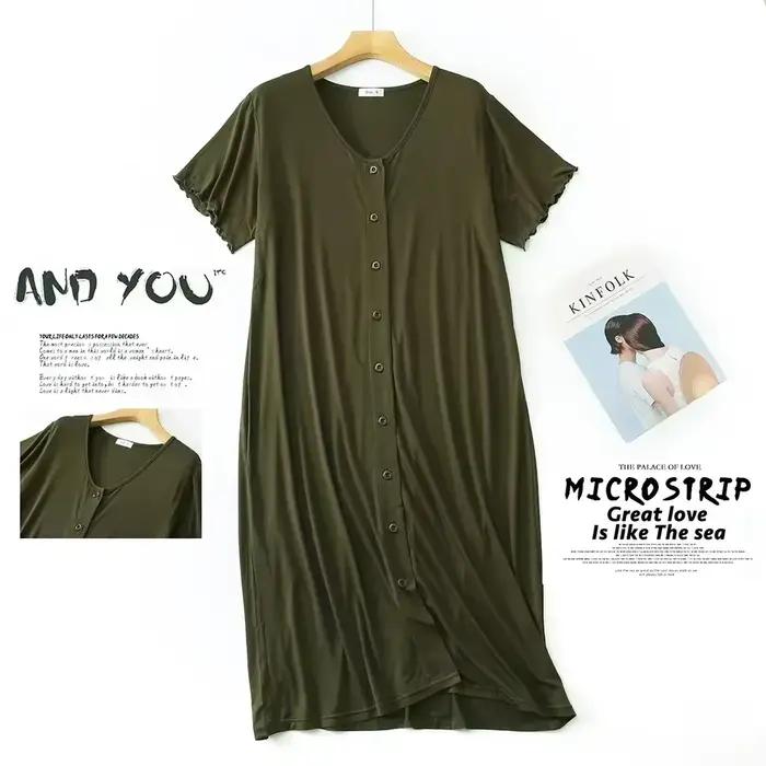 Robe de nuit d'été Sexy à manches courtes, avec boutons, mi-longue, confortable, lisse, en Viscose, 