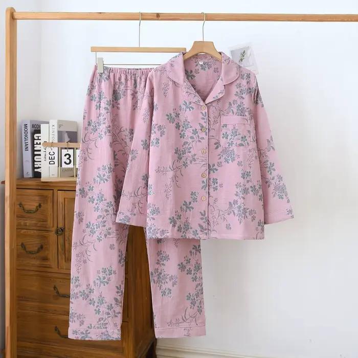 Nouvel ensemble de pyjama 2 pièces pour femme 2026, 100 % coton, pantalon à manches, teint en fil