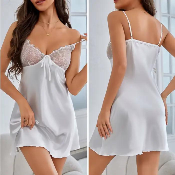 Chemise de nuit blanche Sexy pour femmes, vêtements de nuit en Satin de soie glacée et dentelle, vêt