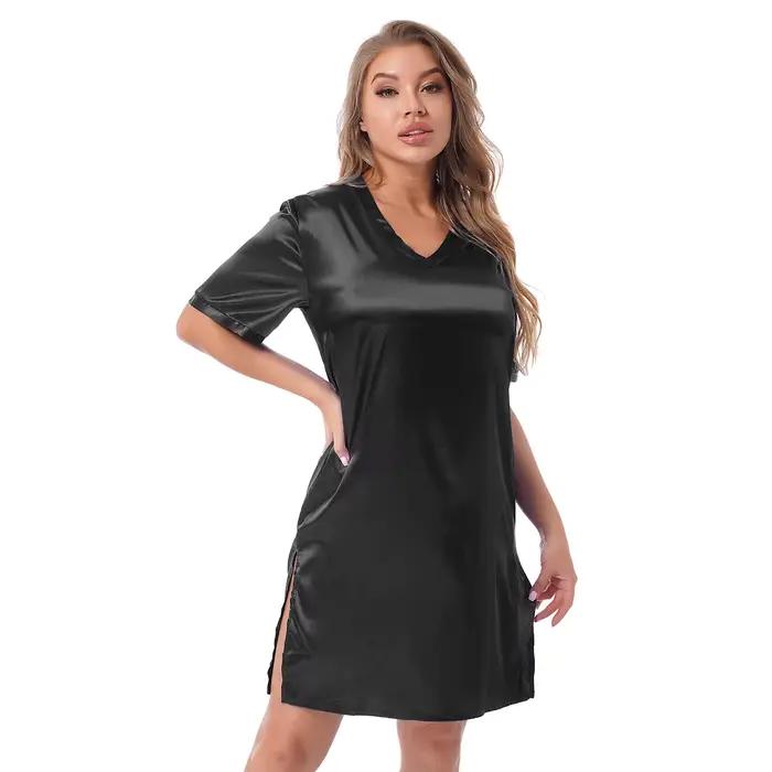 Femmes adultes pyjamas chemise de nuit vêtements de nuit col en V Satin chemise de nuit chemise Robe