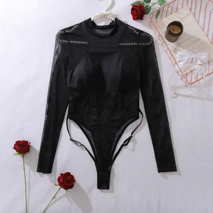 Combinaisons moulantes noires à manches longues pour femmes, combinaisons transparentes sexy, hauts 